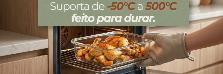 Suporta de -50°C a 500°C, feito para durar — travessa de vidro saindo do forno
